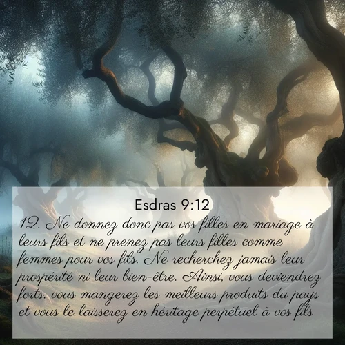 Segond21 Esdras  ; image nature: image avec le verset biblique :Ne donnez donc pas vos filles en mariage à leurs fils et ne prenez pas leurs filles comme femmes pour vos fils. Ne recherchez jamais leur prospérité ni leur bien-être. Ainsi, vous deviendrez forts, vous mangerez les meilleurs produits du pays et vous le laisserez en héritage perpétuel à vos fils.&#039; ;  ; 9:12