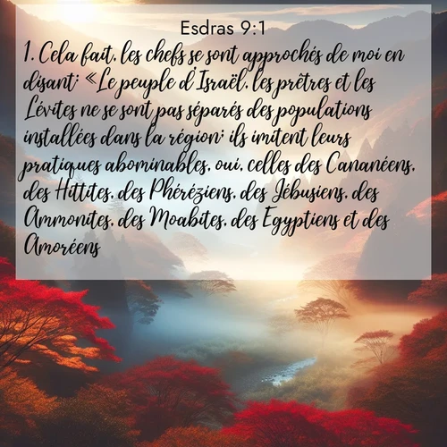 Segond21 Esdras  ; image nature: image avec le verset biblique :Cela fait, les chefs se sont approchés de moi en disant: «Le peuple d&#039;Israël, les prêtres et les Lévites ne se sont pas séparés des populations installées dans la région; ils imitent leurs pratiques abominables, oui, celles des Cananéens, des Hittites, des Phéréziens, des Jébusiens, des Ammonites, des Moabites, des Egyptiens et des Amoréens. ;  ; 9:1