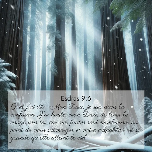 Segond21 Esdras  ; image nature: image avec le verset biblique :et j&#039;ai dit: «Mon Dieu, je suis dans la confusion. J&#039;ai honte, mon Dieu, de lever le visage vers toi, car nos fautes sont nombreuses au point de nous submerger et notre culpabilité est si grande qu&#039;elle atteint le ciel. ;  ; 9:6