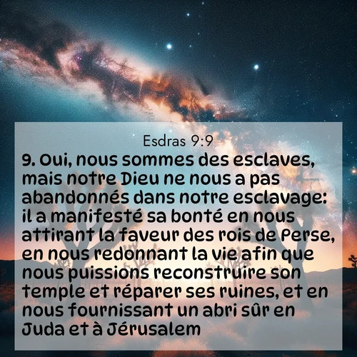 Segond21 Esdras  ; image nature: image avec le verset biblique :Oui, nous sommes des esclaves, mais notre Dieu ne nous a pas abandonnés dans notre esclavage: il a manifesté sa bonté en nous attirant la faveur des rois de Perse, en nous redonnant la vie afin que nous puissions reconstruire son temple et réparer ses ruines, et en nous fournissant un abri sûr en Juda et à Jérusalem. ;  ; 9:9