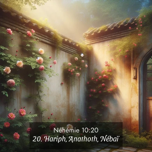Segond21 Néhémie  ; image nature: image avec le verset biblique :Hariph, Anathoth, Nébaï, ;  ; 10:20