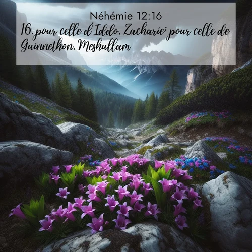 Segond21 Néhémie  ; image nature: image avec le verset biblique :pour celle d&#039;Iddo, Zacharie; pour celle de Guinnethon, Meshullam; ;  ; 12:16