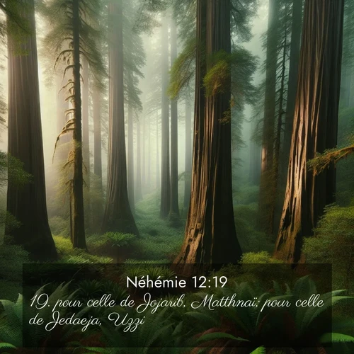 Segond21 Néhémie  ; image nature: image avec le verset biblique :pour celle de Jojarib, Matthnaï; pour celle de Jedaeja, Uzzi; ;  ; 12:19