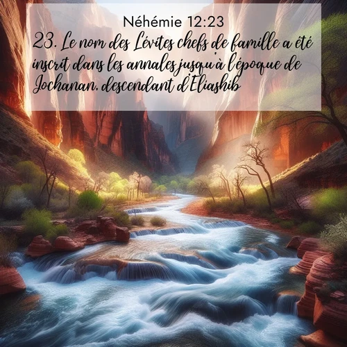Segond21 Néhémie  ; image nature: image avec le verset biblique :Le nom des Lévites chefs de famille a été inscrit dans les annales jusqu&#039;à l&#039;époque de Jochanan, descendant d&#039;Eliashib. ;  ; 12:23