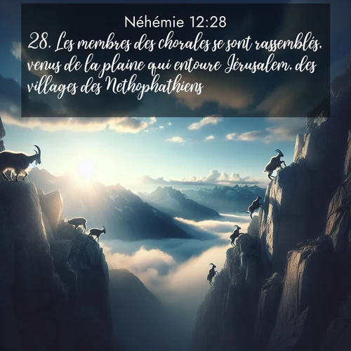 Segond21 Néhémie  ; image nature: image avec le verset biblique :Les membres des chorales se sont rassemblés, venus de la plaine qui entoure Jérusalem, des villages des Nethophathiens, ;  ; 12:28