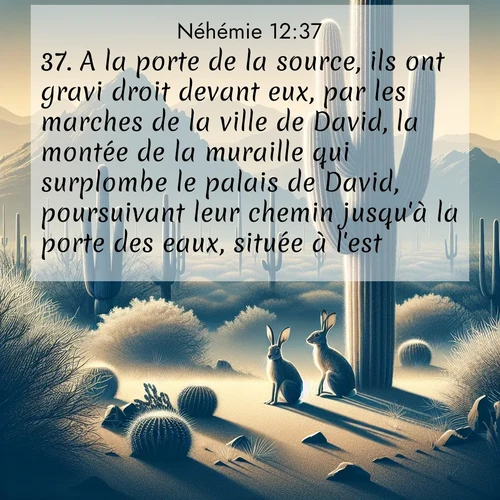 Segond21 Néhémie  ; image nature: image avec le verset biblique :A la porte de la source, ils ont gravi droit devant eux, par les marches de la ville de David, la montée de la muraille qui surplombe le palais de David, poursuivant leur chemin jusqu&#039;à la porte des eaux, située à l&#039;est. ;  ; 12:37