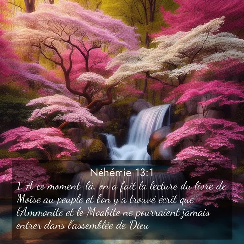 Segond21 Néhémie  ; image nature: image avec le verset biblique :A ce moment-là, on a fait la lecture du livre de Moïse au peuple et l&#039;on y a trouvé écrit que l&#039;Ammonite et le Moabite ne pourraient jamais entrer dans l&#039;assemblée de Dieu ;  ; 13:1
