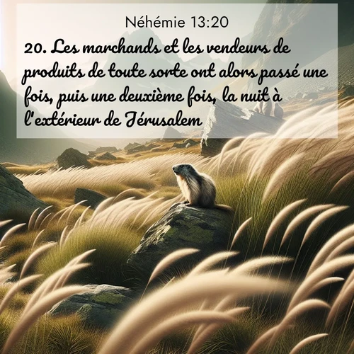 Segond21 Néhémie  ; image nature: image avec le verset biblique :Les marchands et les vendeurs de produits de toute sorte ont alors passé une fois, puis une deuxième fois, la nuit à l&#039;extérieur de Jérusalem. ;  ; 13:20