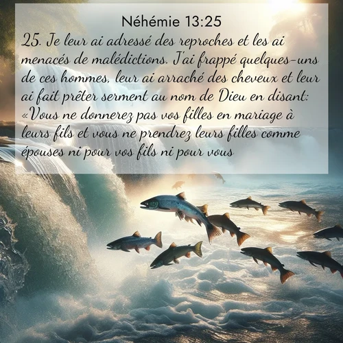 Segond21 Néhémie  ; image nature: image avec le verset biblique :Je leur ai adressé des reproches et les ai menacés de malédictions. J&#039;ai frappé quelques-uns de ces hommes, leur ai arraché des cheveux et leur ai fait prêter serment au nom de Dieu en disant: «Vous ne donnerez pas vos filles en mariage à leurs fils et vous ne prendrez leurs filles comme épouses ni pour vos fils ni pour vous. ;  ; 13:25