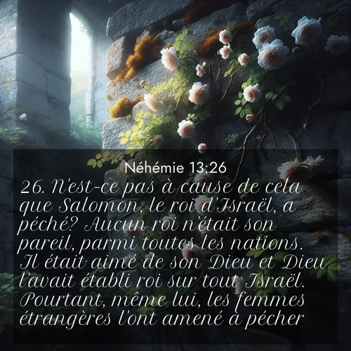 Segond21 Néhémie  ; image nature: image avec le verset biblique :N&#039;est-ce pas à cause de cela que Salomon, le roi d&#039;Israël, a péché? Aucun roi n&#039;était son pareil, parmi toutes les nations. Il était aimé de son Dieu et Dieu l&#039;avait établi roi sur tout Israël. Pourtant, même lui, les femmes étrangères l&#039;ont amené à pécher. ;  ; 13:26
