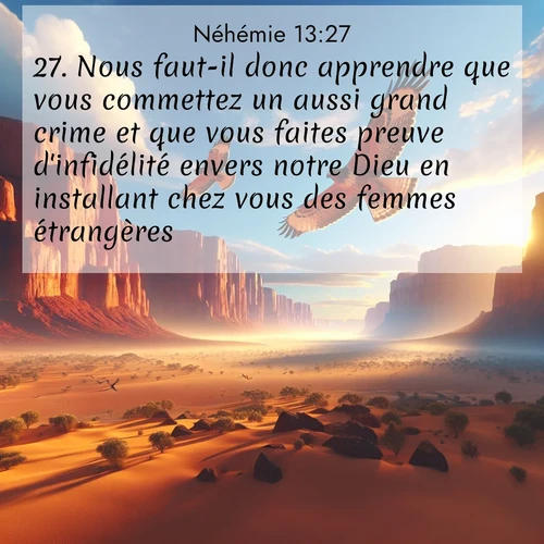 Segond21 Néhémie  ; image nature: image avec le verset biblique :Nous faut-il donc apprendre que vous commettez un aussi grand crime et que vous faites preuve d&#039;infidélité envers notre Dieu en installant chez vous des femmes étrangères?» ;  ; 13:27