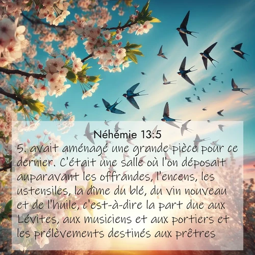 Segond21 Néhémie  ; image nature: image avec le verset biblique :avait aménagé une grande pièce pour ce dernier. C&#039;était une salle où l&#039;on déposait auparavant les offrandes, l&#039;encens, les ustensiles, la dîme du blé, du vin nouveau et de l&#039;huile, c&#039;est-à-dire la part due aux Lévites, aux musiciens et aux portiers et les prélèvements destinés aux prêtres. ;  ; 13:5