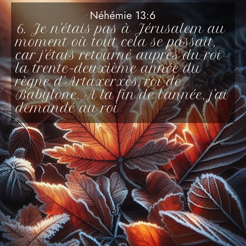 Segond21 Néhémie  ; image nature: image avec le verset biblique :Je n&#039;étais pas à Jérusalem au moment où tout cela se passait, car j&#039;étais retourné auprès du roi la trente-deuxième année du règne d&#039;Artaxerxès, roi de Babylone. A la fin de l&#039;année, j&#039;ai demandé au roi ;  ; 13:6