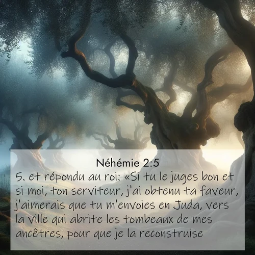 Segond21 Néhémie  ; image nature: image avec le verset biblique :et répondu au roi: «Si tu le juges bon et si moi, ton serviteur, j&#039;ai obtenu ta faveur, j&#039;aimerais que tu m&#039;envoies en Juda, vers la ville qui abrite les tombeaux de mes ancêtres, pour que je la reconstruise.» ;  ; 2:5
