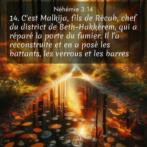 Segond21 Néhémie  ; image nature: image avec le verset biblique :C&#039;est Malkija, fils de Récab, chef du district de Beth-Hakkérem, qui a réparé la porte du fumier. Il l&#039;a reconstruite et en a posé les battants, les verrous et les barres. ;  ; 3:14