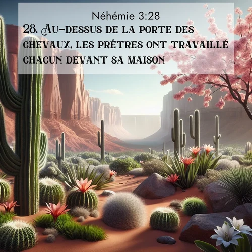 Segond21 Néhémie  ; image nature: image avec le verset biblique :Au-dessus de la porte des chevaux, les prêtres ont travaillé chacun devant sa maison. ;  ; 3:28