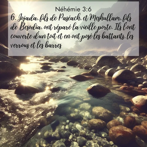 Segond21 Néhémie  ; image nature: image avec le verset biblique :Jojada, fils de Paséach, et Meshullam, fils de Besodia, ont réparé la vieille porte. Ils l&#039;ont couverte d&#039;un toit et en ont posé les battants, les verrous et les barres. ;  ; 3:6