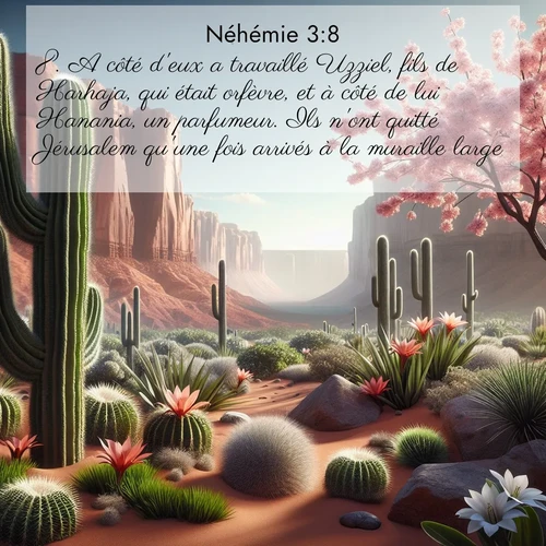 Segond21 Néhémie  ; image nature: image avec le verset biblique :A côté d&#039;eux a travaillé Uzziel, fils de Harhaja, qui était orfèvre, et à côté de lui Hanania, un parfumeur. Ils n&#039;ont quitté Jérusalem qu&#039;une fois arrivés à la muraille large. ;  ; 3:8