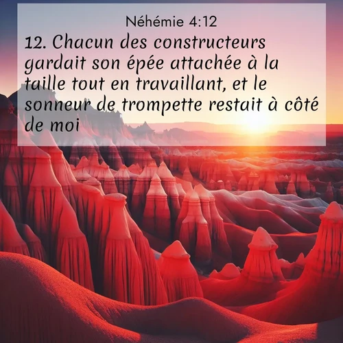 Segond21 Néhémie  ; image nature: image avec le verset biblique :Chacun des constructeurs gardait son épée attachée à la taille tout en travaillant, et le sonneur de trompette restait à côté de moi. ;  ; 4:12