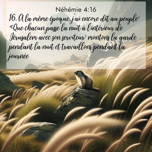 Segond21 Néhémie  ; image nature: image avec le verset biblique :A la même époque, j&#039;ai encore dit au peuple: «Que chacun passe la nuit à l&#039;intérieur de Jérusalem avec son serviteur: montons la garde pendant la nuit et travaillons pendant la journée!» ;  ; 4:16