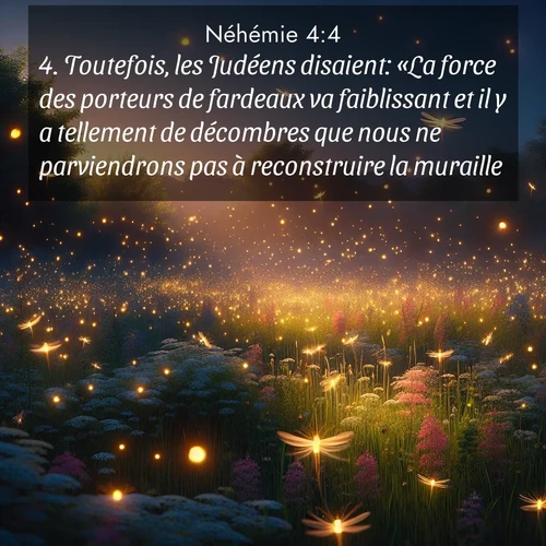 Segond21 Néhémie  ; image nature: image avec le verset biblique :Toutefois, les Judéens disaient: «La force des porteurs de fardeaux va faiblissant et il y a tellement de décombres que nous ne parviendrons pas à reconstruire la muraille.» ;  ; 4:4
