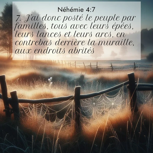 Segond21 Néhémie  ; image nature: image avec le verset biblique :J&#039;ai donc posté le peuple par familles, tous avec leurs épées, leurs lances et leurs arcs, en contrebas derrière la muraille, aux endroits abrités. ;  ; 4:7
