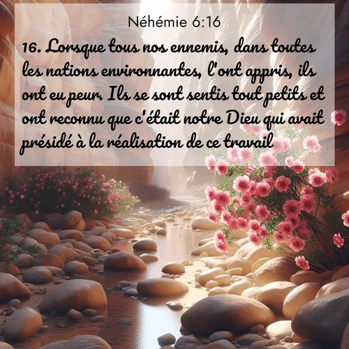 Segond21 Néhémie  ; image nature: image avec le verset biblique :Lorsque tous nos ennemis, dans toutes les nations environnantes, l&#039;ont appris, ils ont eu peur. Ils se sont sentis tout petits et ont reconnu que c&#039;était notre Dieu qui avait présidé à la réalisation de ce travail. ;  ; 6:16