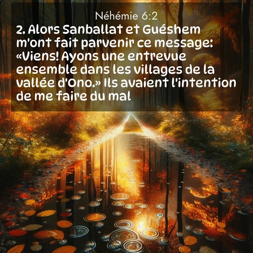 Segond21 Néhémie  ; image nature: image avec le verset biblique :Alors Sanballat et Guéshem m&#039;ont fait parvenir ce message: «Viens! Ayons une entrevue ensemble dans les villages de la vallée d&#039;Ono.» Ils avaient l&#039;intention de me faire du mal. ;  ; 6:2