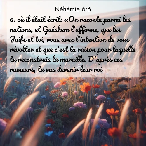 Segond21 Néhémie  ; image nature: image avec le verset biblique :où il était écrit: «On raconte parmi les nations, et Guéshem l&#039;affirme, que les Juifs et toi, vous avez l&#039;intention de vous révolter et que c&#039;est la raison pour laquelle tu reconstruis la muraille. D&#039;après ces rumeurs, tu vas devenir leur roi ;  ; 6:6
