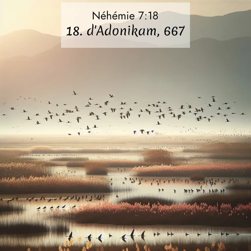 Segond21 Néhémie  ; image nature: image avec le verset biblique :d&#039;Adonikam, 667; ;  ; 7:18