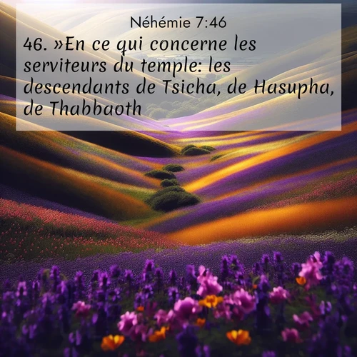 Segond21 Néhémie  ; image nature: image avec le verset biblique :»En ce qui concerne les serviteurs du temple: les descendants de Tsicha, de Hasupha, de Thabbaoth, ;  ; 7:46