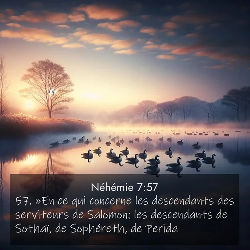 Segond21 Néhémie  ; image nature: image avec le verset biblique :»En ce qui concerne les descendants des serviteurs de Salomon: les descendants de Sothaï, de Sophéreth, de Perida, ;  ; 7:57