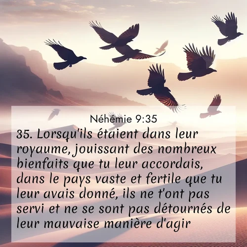 Segond21 Néhémie  ; image nature: image avec le verset biblique :Lorsqu&#039;ils étaient dans leur royaume, jouissant des nombreux bienfaits que tu leur accordais, dans le pays vaste et fertile que tu leur avais donné, ils ne t&#039;ont pas servi et ne se sont pas détournés de leur mauvaise manière d&#039;agir. ;  ; 9:35