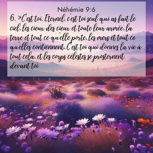 Segond21 Néhémie  ; image nature: image avec le verset biblique :»C&#039;est toi, Eternel, c&#039;est toi seul qui as fait le ciel, les cieux des cieux et toute leur armée, la terre et tout ce qu&#039;elle porte, les mers et tout ce qu&#039;elles contiennent. C&#039;est toi qui donnes la vie à tout cela, et les corps célestes se prosternent devant toi. ;  ; 9:6