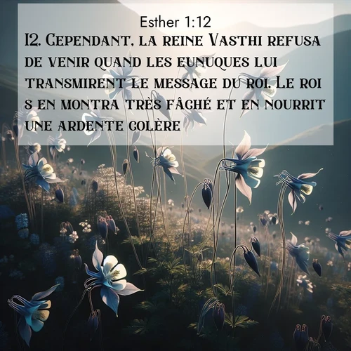 Segond21 Esther  ; image nature: image avec le verset biblique :Cependant, la reine Vasthi refusa de venir quand les eunuques lui transmirent le message du roi. Le roi s&#039;en montra très fâché et en nourrit une ardente colère. ;  ; 1:12