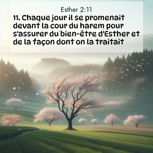 Segond21 Esther  ; image nature: image avec le verset biblique :Chaque jour il se promenait devant la cour du harem pour s&#039;assurer du bien-être d&#039;Esther et de la façon dont on la traitait. ;  ; 2:11