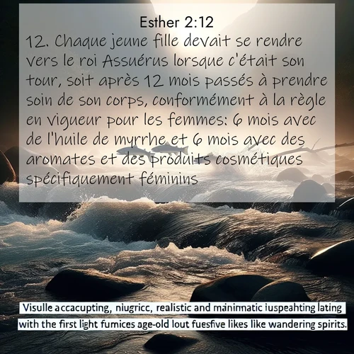 Segond21 Esther  ; image nature: image avec le verset biblique :Chaque jeune fille devait se rendre vers le roi Assuérus lorsque c&#039;était son tour, soit après 12 mois passés à prendre soin de son corps, conformément à la règle en vigueur pour les femmes: 6 mois avec de l&#039;huile de myrrhe et 6 mois avec des aromates et des produits cosmétiques spécifiquement féminins. ;  ; 2:12