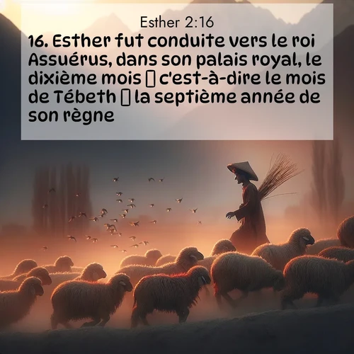Segond21 Esther  ; image nature: image avec le verset biblique :Esther fut conduite vers le roi Assuérus, dans son palais royal, le dixième mois  c&#039;est-à-dire le mois de Tébeth  la septième année de son règne. ;  ; 2:16