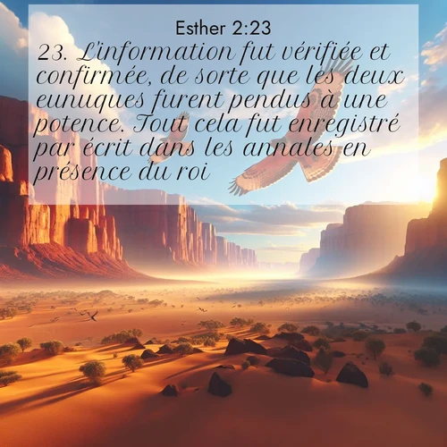 Segond21 Esther  ; image nature: image avec le verset biblique :L&#039;information fut vérifiée et confirmée, de sorte que les deux eunuques furent pendus à une potence. Tout cela fut enregistré par écrit dans les annales en présence du roi. ;  ; 2:23