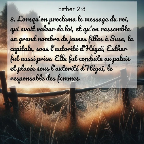 Segond21 Esther  ; image nature: image avec le verset biblique :Lorsqu&#039;on proclama le message du roi, qui avait valeur de loi, et qu&#039;on rassembla un grand nombre de jeunes filles à Suse, la capitale, sous l&#039;autorité d&#039;Hégaï, Esther fut aussi prise. Elle fut conduite au palais et placée sous l&#039;autorité d&#039;Hégaï, le responsable des femmes. ;  ; 2:8