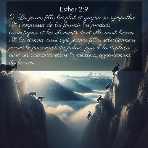 Segond21 Esther  ; image nature: image avec le verset biblique :La jeune fille lui plut et gagna sa sympathie. Il s&#039;empressa de lui fournir les produits cosmétiques et les éléments dont elle avait besoin. Il lui donna aussi sept jeunes filles sélectionnées parmi le personnel du palais, puis il la déplaça avec ses suivantes dans le meilleur appartement du harem. ;  ; 2:9