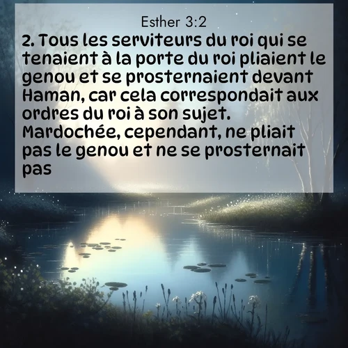 Segond21 Esther  ; image nature: image avec le verset biblique :Tous les serviteurs du roi qui se tenaient à la porte du roi pliaient le genou et se prosternaient devant Haman, car cela correspondait aux ordres du roi à son sujet. Mardochée, cependant, ne pliait pas le genou et ne se prosternait pas. ;  ; 3:2