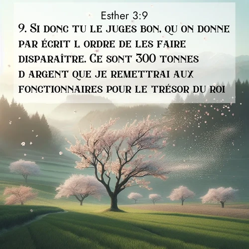 Segond21 Esther  ; image nature: image avec le verset biblique :Si donc tu le juges bon, qu&#039;on donne par écrit l&#039;ordre de les faire disparaître. Ce sont 300 tonnes d&#039;argent que je remettrai aux fonctionnaires pour le trésor du roi.» ;  ; 3:9