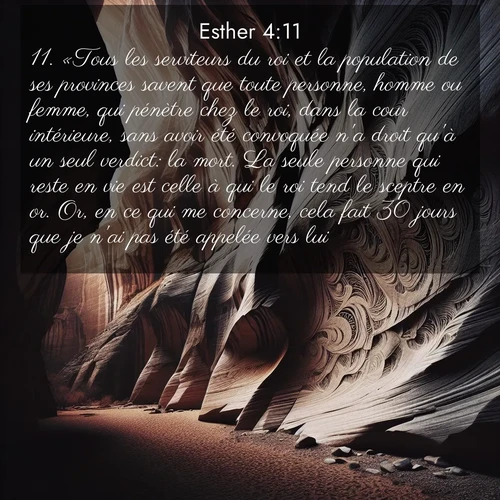 Segond21 Esther  ; image nature: image avec le verset biblique :«Tous les serviteurs du roi et la population de ses provinces savent que toute personne, homme ou femme, qui pénètre chez le roi, dans la cour intérieure, sans avoir été convoquée n&#039;a droit qu&#039;à un seul verdict: la mort. La seule personne qui reste en vie est celle à qui le roi tend le sceptre en or. Or, en ce qui me concerne, cela fait 30 jours que je n&#039;ai pas été appelée vers lui.» ;  ; 4:11