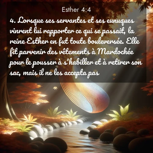 Segond21 Esther  ; image nature: image avec le verset biblique :Lorsque ses servantes et ses eunuques vinrent lui rapporter ce qui se passait, la reine Esther en fut toute bouleversée. Elle fit parvenir des vêtements à Mardochée pour le pousser à s&#039;habiller et à retirer son sac, mais il ne les accepta pas. ;  ; 4:4