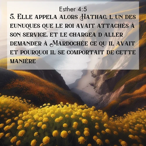 Segond21 Esther  ; image nature: image avec le verset biblique :Elle appela alors Hathac, l&#039;un des eunuques que le roi avait attachés à son service, et le chargea d&#039;aller demander à Mardochée ce qu&#039;il avait et pourquoi il se comportait de cette manière. ;  ; 4:5