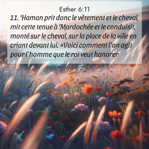 Segond21 Esther  ; image nature: image avec le verset biblique :Haman prit donc le vêtement et le cheval, mit cette tenue à Mardochée et le conduisit, monté sur le cheval, sur la place de la ville en criant devant lui: «Voici comment l&#039;on agit pour l&#039;homme que le roi veut honorer!» ;  ; 6:11