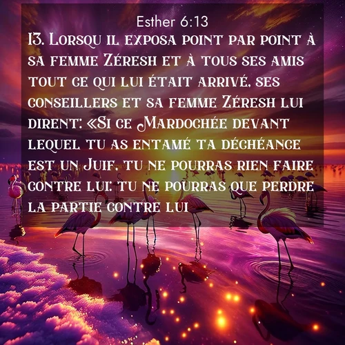 Segond21 Esther  ; image nature: image avec le verset biblique :Lorsqu&#039;il exposa point par point à sa femme Zéresh et à tous ses amis tout ce qui lui était arrivé, ses conseillers et sa femme Zéresh lui dirent: «Si ce Mardochée devant lequel tu as entamé ta déchéance est un Juif, tu ne pourras rien faire contre lui: tu ne pourras que perdre la partie contre lui.» ;  ; 6:13