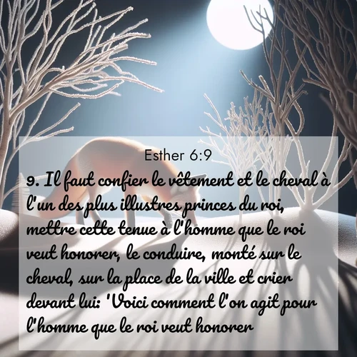 Segond21 Esther  ; image nature: image avec le verset biblique :Il faut confier le vêtement et le cheval à l&#039;un des plus illustres princes du roi, mettre cette tenue à l&#039;homme que le roi veut honorer, le conduire, monté sur le cheval, sur la place de la ville et crier devant lui: &#039;Voici comment l&#039;on agit pour l&#039;homme que le roi veut honorer!&#039;» ;  ; 6:9
