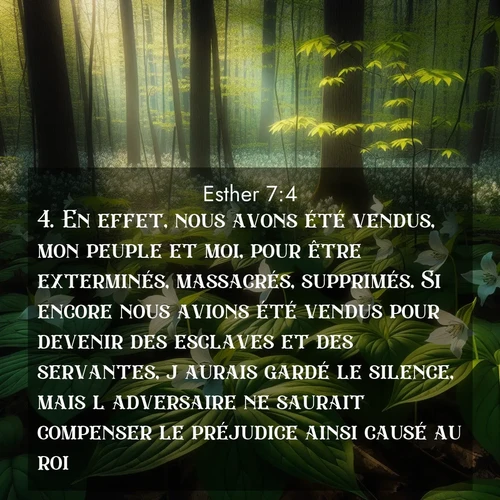 Segond21 Esther  ; image nature: image avec le verset biblique :En effet, nous avons été vendus, mon peuple et moi, pour être exterminés, massacrés, supprimés. Si encore nous avions été vendus pour devenir des esclaves et des servantes, j&#039;aurais gardé le silence, mais l&#039;adversaire ne saurait compenser le préjudice ainsi causé au roi.» ;  ; 7:4